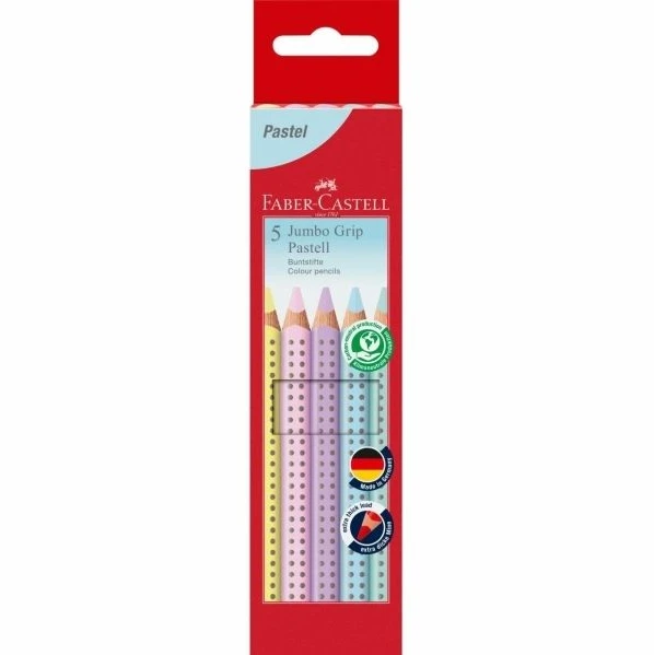 Spalvoti pieštukai „Faber-Castell Jumbo Grip” pasteliniai 5 spalvų