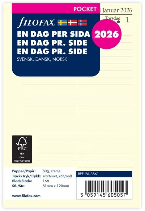Filofax Papildymo kišenė 2026 dienų puslapyje švedų/danų/norvegų kalbomis