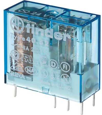„Finder“ PCB montuojama galios relė, 24 V nuolatinės srovės ritė, 8 A perjungimo srovė, DPDT
