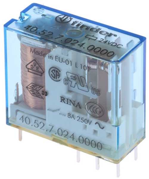 „Finder“ PCB montuojama galios relė, 24 V nuolatinės srovės ritė, 8 A perjungimo srovė, DPDT