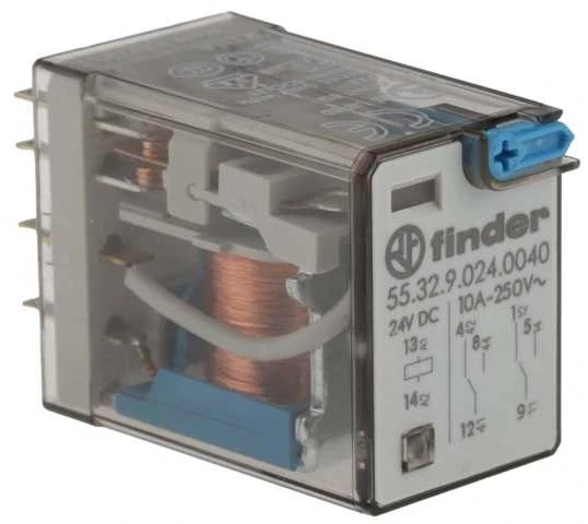 Finder Miniatiūrinė relė 2P 10A 24V DC mygtukas išbandyti veiksmų indikatorius (55.32.9.024.440)