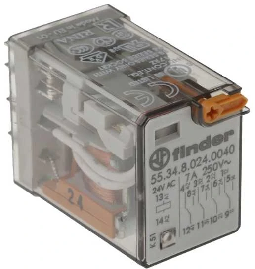 „Finder“ miniatiūrinė relė, 4P, 7A, 24 V AC, bandymo mygtuko aktyvavimo indikatorius (55.34.8.024.0040)