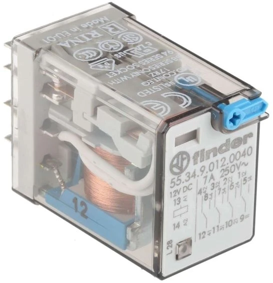 Finder Pramoninis relė 4P 7A 12V DC su testavimo mygtuku ir suveikimo indikatoriumi (55.34.9.012.0040)