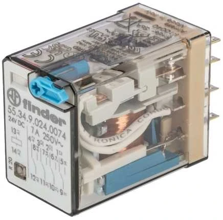 Finder Miniatiūrinė relė 4P 7A 24V nuolatinės srovės LED mygtuko veikimo indikatorius (55.34.9.024.0074)