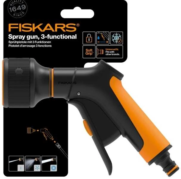 Fiskars „Comfort“ 3 funkcijų laistymo pistoletas su valdymu priekyje