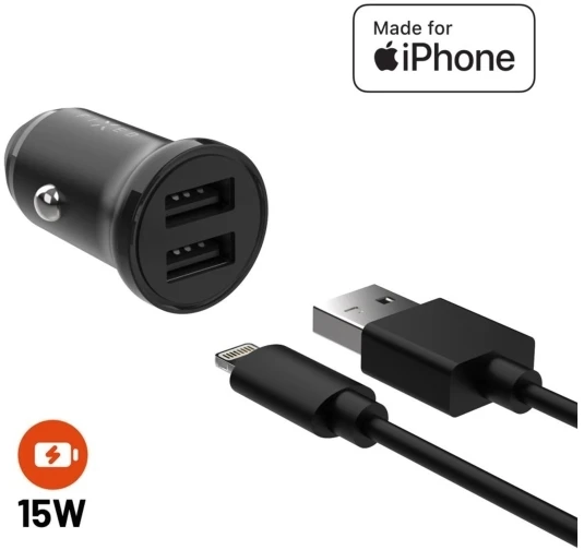 Įkroviklis Fixed Rinkinys ładowarki samochodowej FIXED s 2x gniazdo USB i kabelis USB/Lightning, 1 metr, MFi, 15W Smart Rapid Charge, juoda