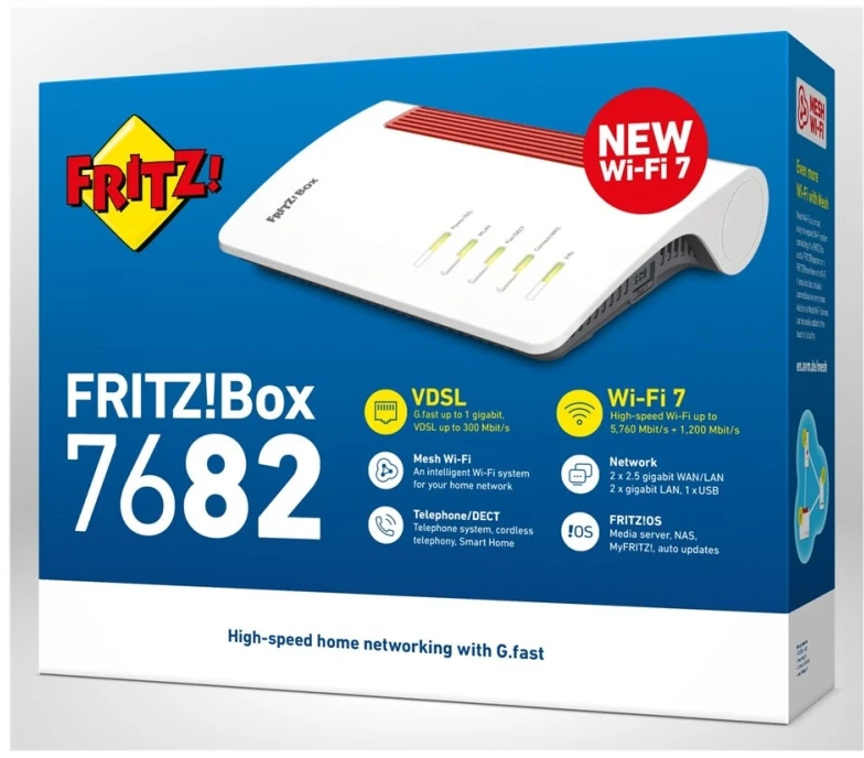 AVM Box 7682, Wi-Fi 7 (802.11be), dviejų dažnių (2,4 GHz / 5 GHz), Ethernet LAN, VDSL, baltas, stalviršio maršrutizatorius