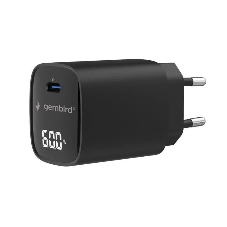 Gembird TA-UC-1C-PD60LCD-01-BK 60W USB Type-C fast charger, LCD, juodas