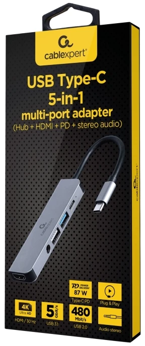 GEMBIRD A-CM-COMBO5-02 kelių prievadų adapteris C tipo USB 5in1 šakotuvas + HDMI + PD + stereofoninis garsas