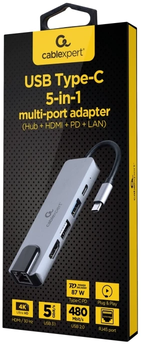 GEMBIRD A-CM-COMBO5-04 kelių prievadų adapteris C tipo USB 5in1 šakotuvas + HDMI + PD + LAN