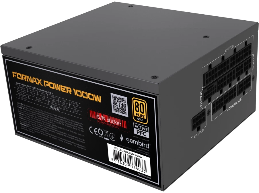 „Gembird CCC-PSUGOLD-1000W“ maitinimo blokas „Fornax Power 1000W“ aktyvus PFC 12 cm ventiliatorius 80+ aukso