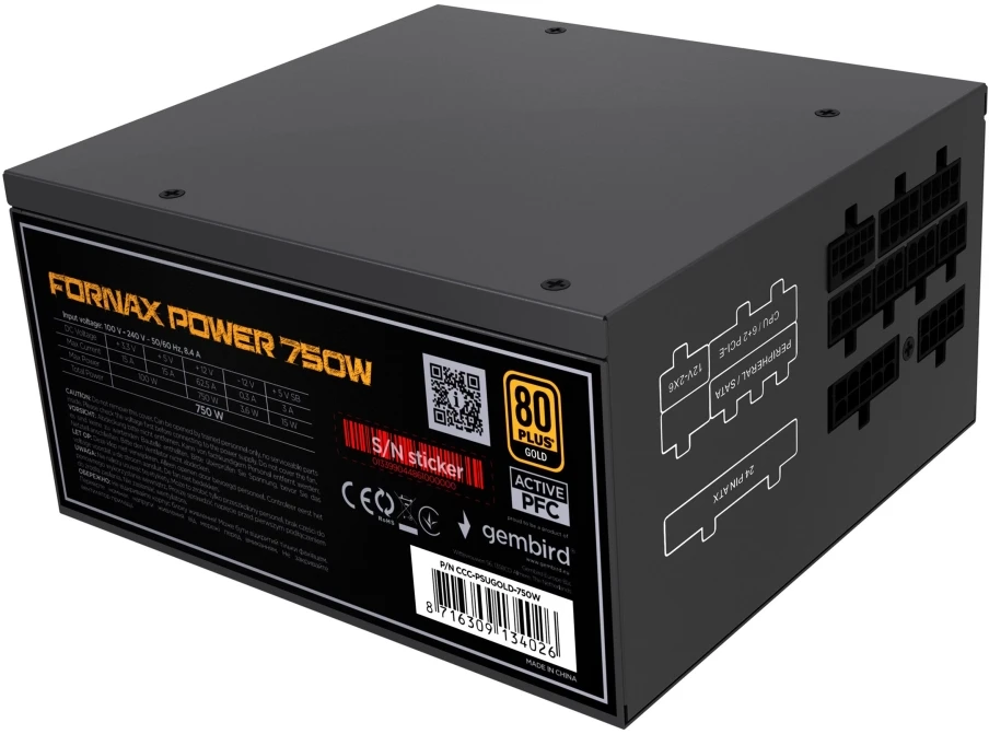 „Gembird CCC-PSUGOLD-750W“ maitinimo blokas „Fornax Power 750W“ aktyvus PFC 12 cm ventiliatorius 80+ aukso