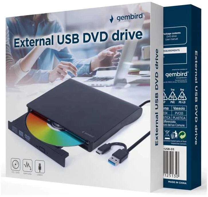 Kietasis diskas Išorinis DVD įrašymo įrenginys -/+ R/RW Slim Gembird DVD-USB-031-BW balta