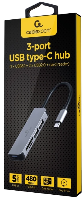 GEMBIRD USB Type-C 3 prievadų USB šakotuvas USB3.1 + USB 2.0 su kortelių skaitytuvu