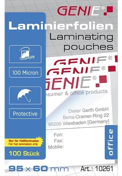 Genie GENIE laminavimo maišeliai 100 vnt. vizitinės kortelės formatu folijos