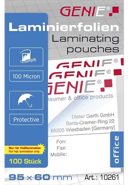 Genie GENIE torby do laminowania 100 w formacie wizytówki folie
