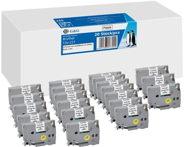 G&G 20x G&G Schriftband 9mm x 8m sw- ws komp. m. Brother TZe-221