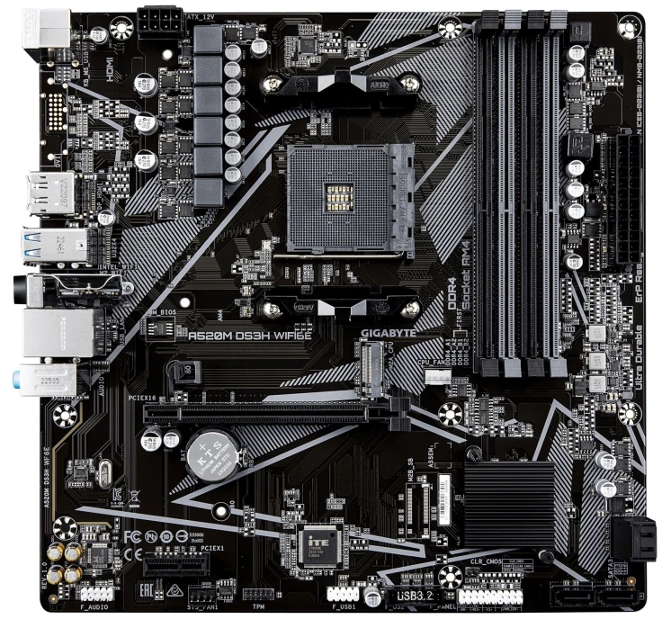 Pagrindinė plokštė „Gigabyte A520M DS3H WIFI6E“ | Procesoriaus šeima AMD | Procesoriaus lizdas AM4 | DDR4 | Palaikomos standžiojo disko sąsajos SATA, M.2 | SATA jungčių skaičius 4