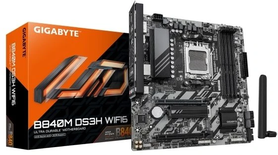 Pagrindinė plokštė „Gigabyte B840M DS3H WIFI6“ (1.1 rev.) | Procesorių šeima AMD | Procesoriaus lizdas AM5 | DDR5 | Palaikomos kietojo disko sąsajos SATA, M.2 | SATA jungčių skaičius 4