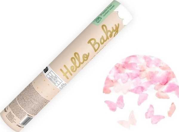 PartyDeco Konfeti patranka Rausvi drugeliai 20cm