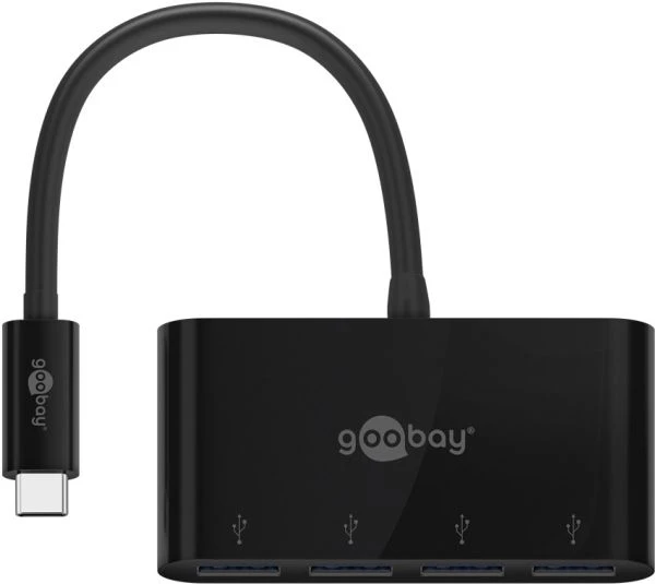 Goobay 4 prievadų USB-C daugiafunkcis adapteris, USB Type-C, USB 3.2 Gen 1 (3.1 Gen 1) Type-A, 5000 Mbit/s, juodas, apvalus kabelis, USB