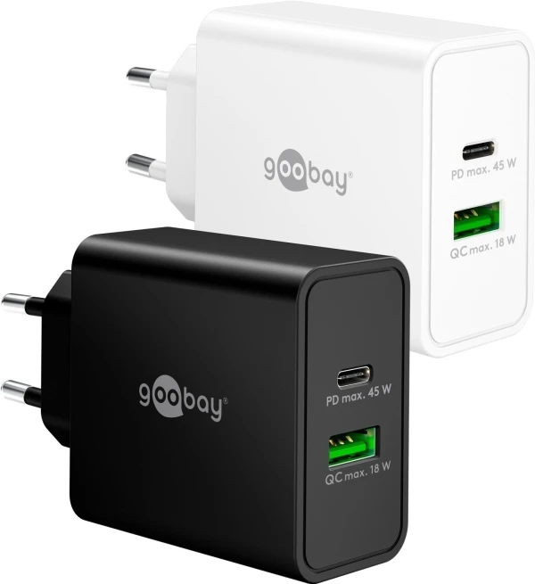 Įkroviklis Goobay 45 W dvigubas greitasis įkroviklis USB-C PD GaN juodas – spalvos versija juoda