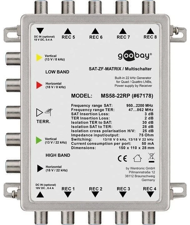 Kelioninis Goobay Pasyvus SAT multiswitch 5 įėjimai/8 išėjimai