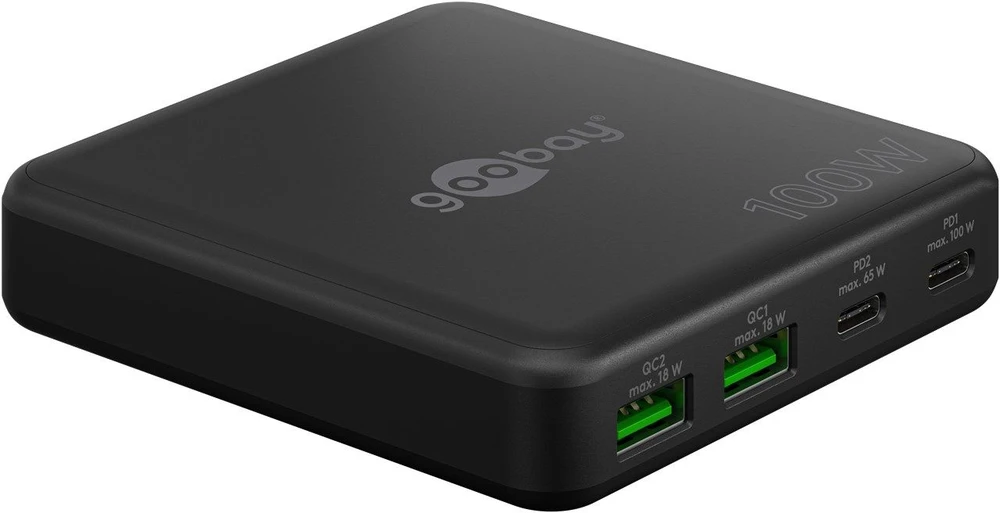 Goobay USB-C™ PD GaN daugiaprievadis stalinis įkroviklis (100 W), juodas – spalvota versija, juoda