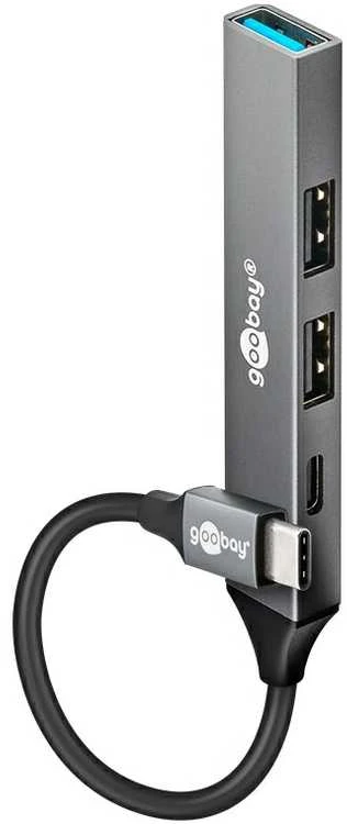 Goobay 74459, USB 3.2 Gen 1 (3.1 Gen 1) Type-C, USB 2.0 Type-A, USB 3.2 Gen 1 (3.1 Gen 1) Type-A, USB Type-C, 5000 Mbit/s, šviesiai pilka, aliuminis, 0,1 m