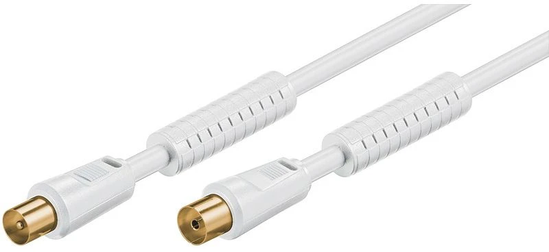 Goobay Antenos kabelis su feritu (80 dB), 2x ekranuotas, 1,5 m, baltas – auksu padengtas, koaksialinis kištukas > koaksialinis lizdas (visiškai ekranuotas)