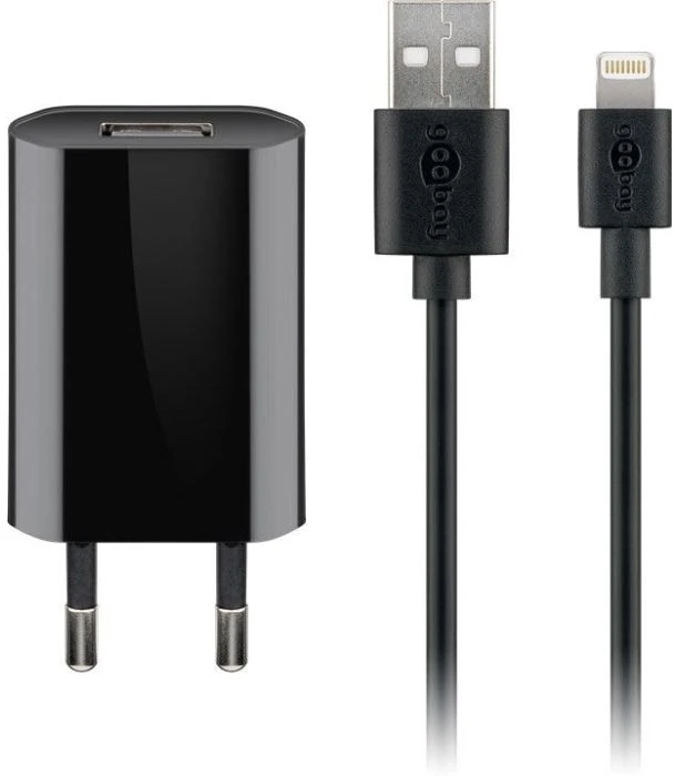 Goobay Apple Lightning įkroviklio rinkinys (5 W), maitinimo blokas su Apple Lightning kabeliu, 1 m, juodas, patalpų, AC, 5 V, 1 m, juodas