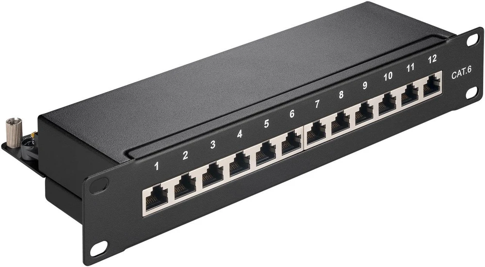 Goobay CAT 6 10 colių (25,4 cm) pataisų skydas, 12 prievadų, RJ-45, Cat6, 22/26, juodas, montuojamas į stelažą, 258 mm