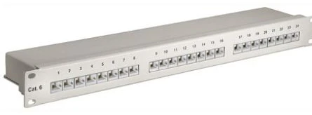 Goobay CAT 6 19 colių (48,3 cm) pataisų skydas, 24 prievadų (1 U), RJ-45, Cat6, 22/26, pilkas, montuojamas stove, 1U