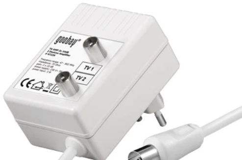Goobay Dviejų įrenginių antenos stiprintuvas 15 dB (DVB-T, DVB-T2, DVB-C), IEC, AC, 230 V, 58,5 mm, 86 mm, 77,5 mm