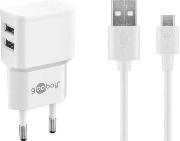Goobay Dviejų Micro USB (18 W) maitinimo blokas su 2x USB prievadais ir Micro USB kabeliu, 1 m, balta, vidaus, AC, 1 m, balta