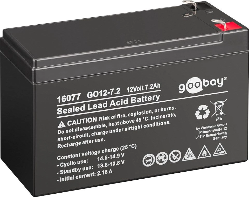 Goobay GO12-7.2, 7200 mAh, 12 V, Faston (4,8 mm), švino-rūgštinis, sandarusis švino-rūgštinis akumuliatorius (VRLA), 12 V, 1 vnt., juodas, 5 val., Pb (švinas)