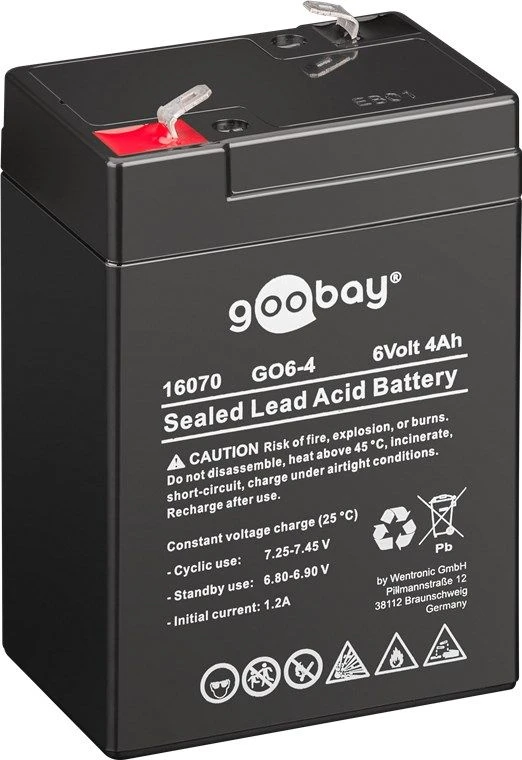 Goobay GO6-4 (4000 mAh, 6 V), hermetizuotas švino-rūgštinis (VRLA) akumuliatorius, 6 V, 1 vnt., juodas, 4 Ah, 4000 mAh