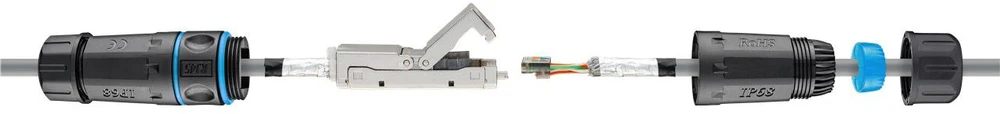 Goobay Lauko (IP68) LAN kabelio jungtis, CAT 6A ekranuota, IDC, juoda, mėlyna, moteriška/moteriška, tiesi, plastikinė, Cat6a