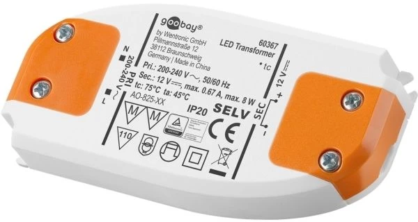 Goobay LED transformatorius 12 V (DC)/8 W, Elektroninis apšvietimo transformatorius, Oranžinė, Balta, IP20, -20 - 45 °C, CE, RoHS direktyva 2011/65/ES [OL L174/88-110, 2011.07.01, 8 W