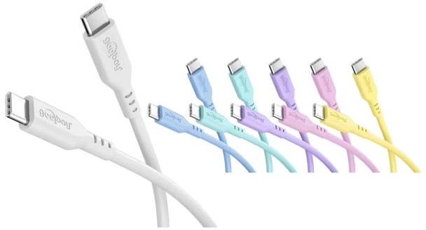 Goobay Pastel Power Pack rinkinys su 6 USB-C silikono kabeliais, 1,5 m, mėlyna, rožinė, lila, turkio, balta, geltona
