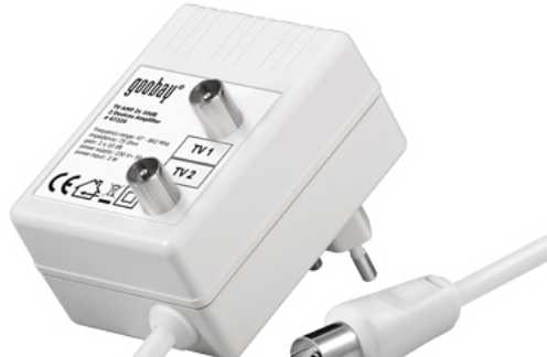 Goobay Dviejų įrenginių antenos stiprintuvas 15 dB (DVB-T, DVB-T2, DVB-C), IEC, AC, 230 V, 58,5 mm, 86 mm, 77,5 mm