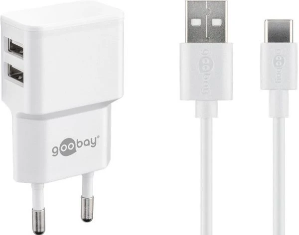 Goobay USB-C įkroviklio rinkinys (12 W), maitinimo blokas su 2x USB prievadais ir USB-C kabeliu, 1 m, balta, patalpų, AC, 5 V, 1 m, balta