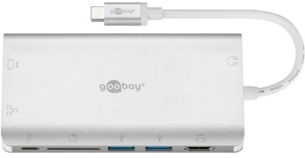 Goobay USB-C aukščiausios kokybės daugiafunkcis adapteris, USB Type-C, 3.5mm, HDMI, RJ-45, USB 3.2 Gen 1 (3.1 Gen 1) Type-A, USB Type-C, VGA, SD, 5000 Mbit/s, 30 Hz, Sidabrinis