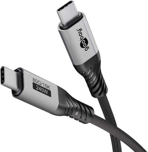 Kabelis USB Goobay USB4 wersja 2.0 USB-C su tekstylną osłoną 240 W 40 Gbit/s Power Delivery 1.5 m Juodai-sidabrinė (RB74776)