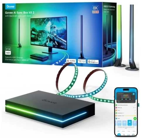 „Govee AI Sync Box Kit 2“ išmaniojo kompiuterio apšvietimo komplektas 27–34 colių + LED panelės