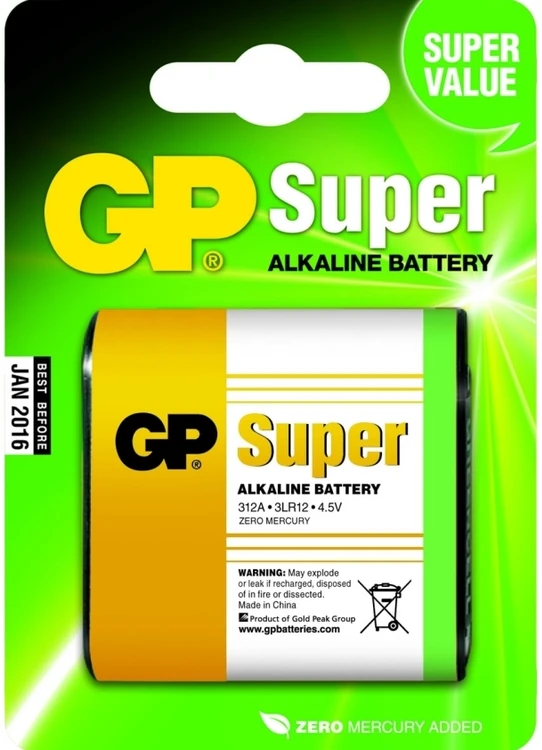 GP Battery GP baterijos Super Alkaline 4.5V, Vienkartinės baterijos, 4.5V, Šarminė, 4.5 V, 1 vnt., Daugiaspalvė