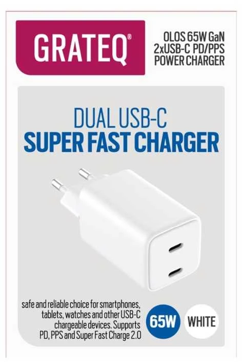 Screenor „Grateq OLOS“ sieninis įkroviklis PD/PPS 2xUSB-C GAN 65W
