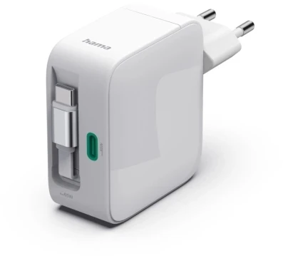 Hama GaN 65W PD/QC su ištraukiamu laidu, 2x USB-C, balta