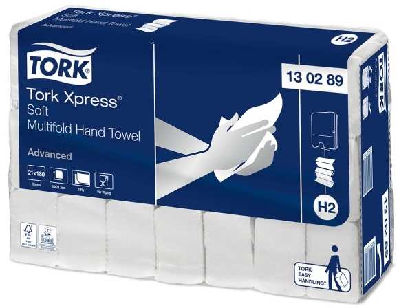Rankšluostis Tork Xpress Advanced H2 Interfold 2 sluoksnių 21,3 x 24 x 8 cm, baltas, 21 vnt. po 180 lapų dėžutėje