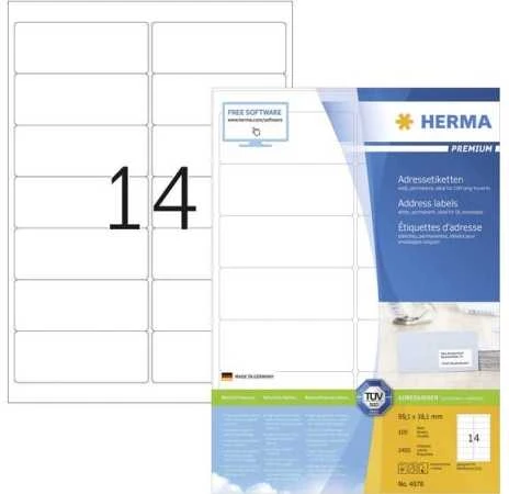 Herma Premium A4 adresų etiketės, balta, matinė popierius, 1400 vnt., užapvalintais kampais (4678)